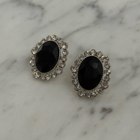 Vintage Style Black Faceted Stone & Clear Rhinestone Crystal Earrings Statement - Picture 4 of 7